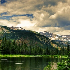 viewes, clouds, lake, trees, Mountains