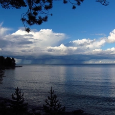 clouds, trees, viewes, lake