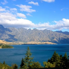 Mountains, River, viewes, clouds, trees, Rocky