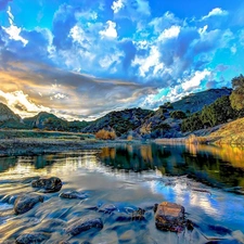 Stones, River, viewes, clouds, trees, Mountains