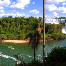 boats, waterfalls, viewes, clouds, trees, Iguazu