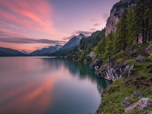 Mountains, Lake Silsersee, Great Sunsets, forest, viewes, Engadin Valley, Switzerland, trees