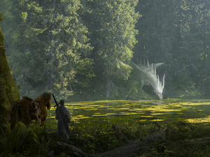 Dragon, trees, fighter, viewes, River, Horse, fantasy