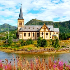 Mountains, church, viewes, grass, trees, brook