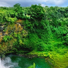 viewes, rocks, green ones, trees, waterfall