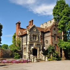 manor-house, trees, viewes, Flowers