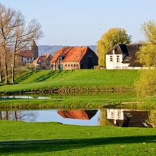 viewes, Houses, Backwaters, trees, country