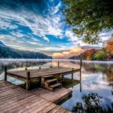 lake, trees, viewes, Platform