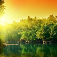 lake, trees, viewes, sun