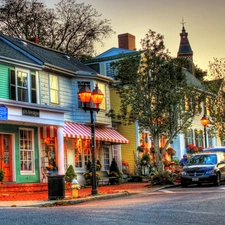 cars, Street, viewes, Lamps, trees, Houses