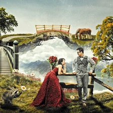 trees, Women, bridge, a man, fantasy, viewes, clouds