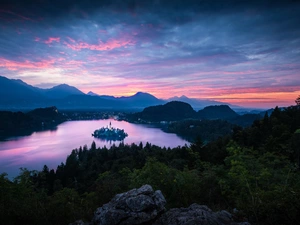 Lake Bled, Blejski Otok Island, Church of the Assumption of the Virgin Mary, Mountains, Sunrise, Slovenia, viewes, clouds, trees