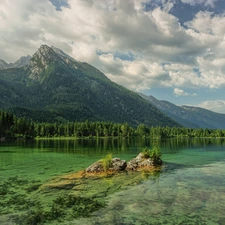 viewes, Lake Hintersee, Bavaria, trees, Alps Mountains, rocks, Germany