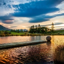 viewes, Mountains, pier, trees, lake