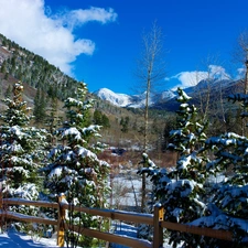 viewes, Mountains, Hurdle, trees, winter