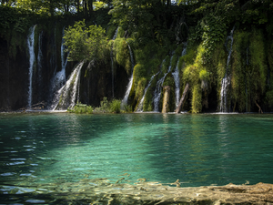 viewes, lake, VEGETATION, trees, Coartia, waterfalls, Plitvice Lakes National Park