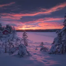 clouds, trees, house, Ringerike, snowy, winter, viewes, Norway, Great Sunsets, lake