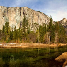 viewes, reflection, River, trees, Mountains