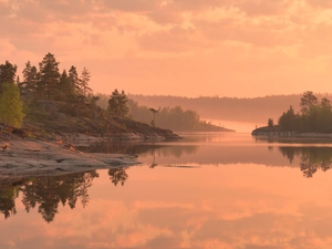 viewes, rocks, Republic of Karelia, trees, Lake Ladoga, reflection, Russia