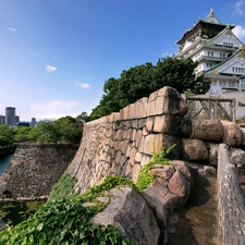 palace, Japan, viewes, River, trees, Osaka