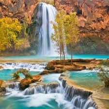 viewes, rocks, Cascades, trees, waterfall