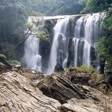 viewes, rocks, height, trees, waterfall