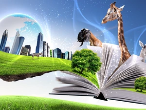 trees, viewes, skyscrapers, animals, Book