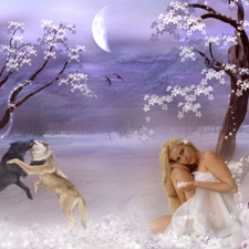 viewes, snow, wolves, trees, girl