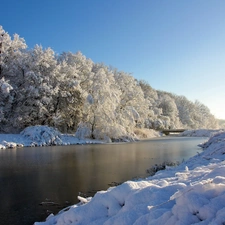snow, trees, viewes, River