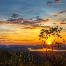 trees, Island, east, Mountains, lake, viewes, sun