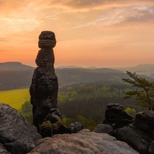 unit, trees, Germany, viewes, Saxon Switzerland National Park, rocks, Sunrise, Děčínská vrchovina