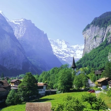 trees, waterfall, Lauterbrunnen, Houses, Mountains, viewes, Switzerland