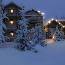 viewes, winter, Houses, trees, illuminated