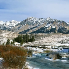viewes, winter, River, trees, Mountains