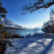 viewes, winter, Mountains, trees, River