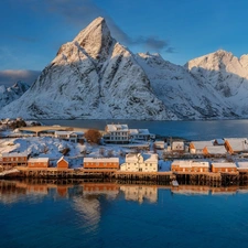 Village Hamnøy, Snowy, Lofoten, Mountains, sea, Houses, Norway