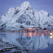 rocks, Lofoten, Reine Village, light, Norwegian Sea, Norway, Moskenesoya Island, Mountains, Houses, winter