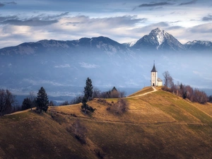 Mountains, Hill, viewes, Church of St. Peter, trees, Village Begunje on Gorenjsk, Slovenia, Way
