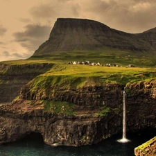 village, sea, mountains, waterfall, Norway