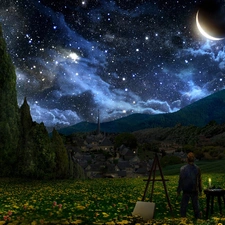 picture, trees, van, viewes, moon, Vincent, Gogh