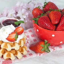 Whipped cream, strawberries, waffles