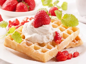 Whipped cream, strawberries, waffles, whipped, dessert