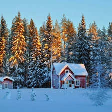 winter, Houses, light breaking through sky, The Forest Wall