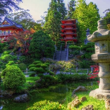 container, Garden, Flower-beds, Alleys, japanese, water, Houses