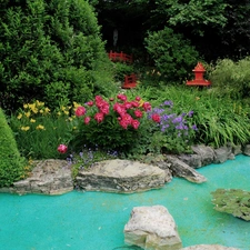 Garden, Bush, water, Flowers