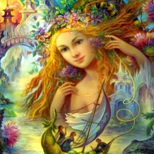 girl, sail, water, Flowers