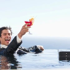 a man, briefcase, water, Drink