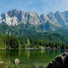 Mountains, buildings, water, forest