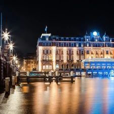 water, reflection, Amsterdam, Night, Hotel hall