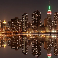 Night, panorama, water, reflection, light, town